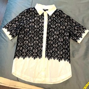 DKNY Black Lace Overlay White Button-Down Top